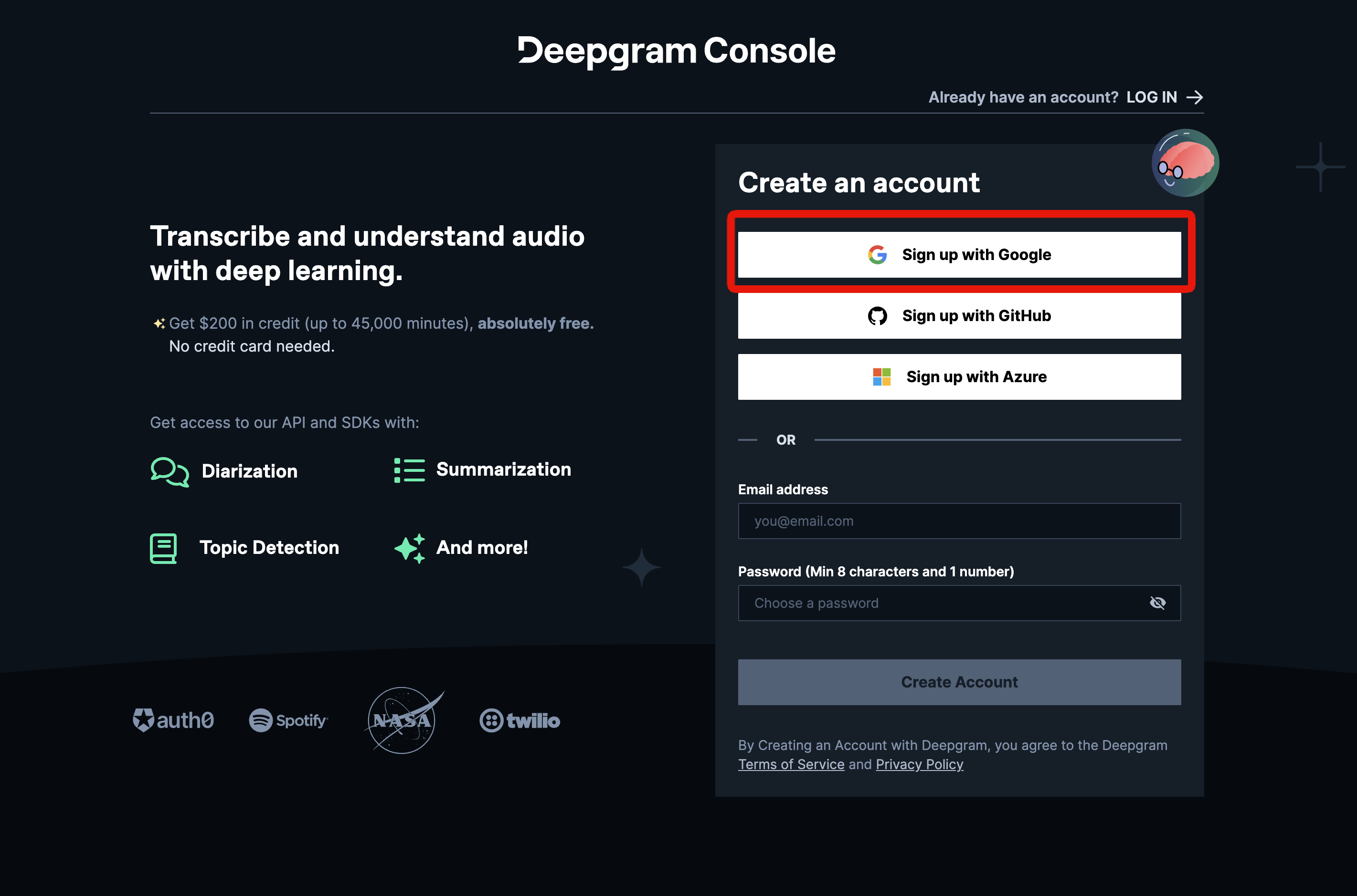 DeepgramのGoogleアカウントでのサインアップ