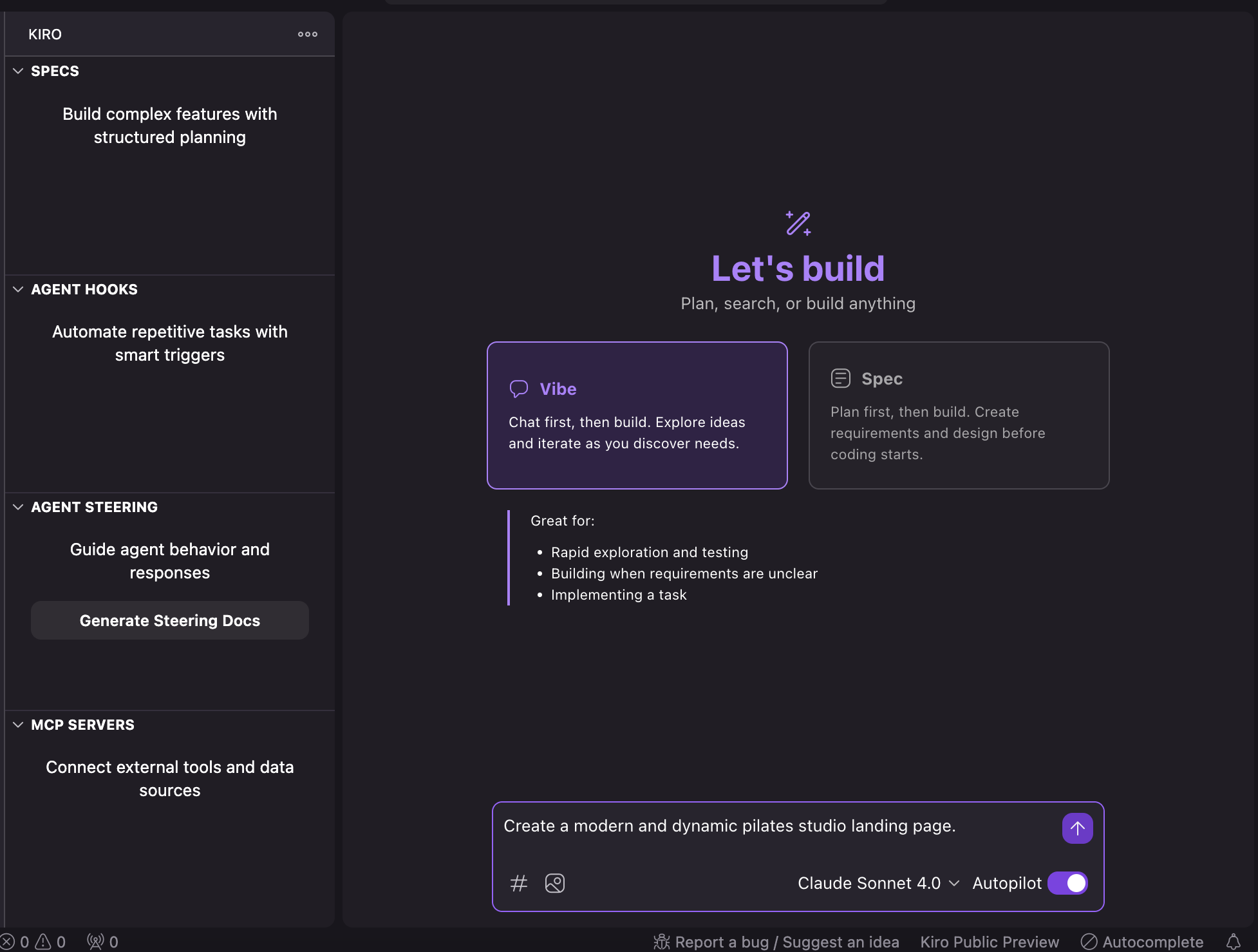 Kiro Interface 【Kiro】AWS発のAI IDEの料金・使い方・競合比較まで徹底解説 | WEEL