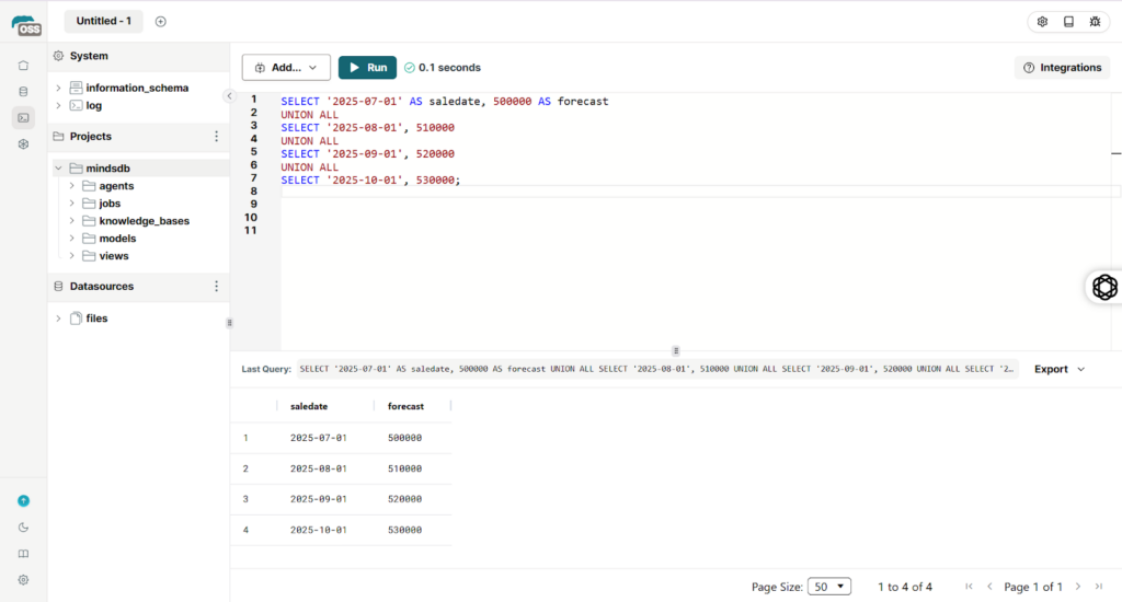MindsDBで予測クエリを実行して結果を表示している画面