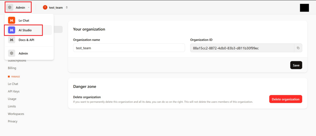 Mistral AI Studio Admin画面からAI Studio画面への遷移