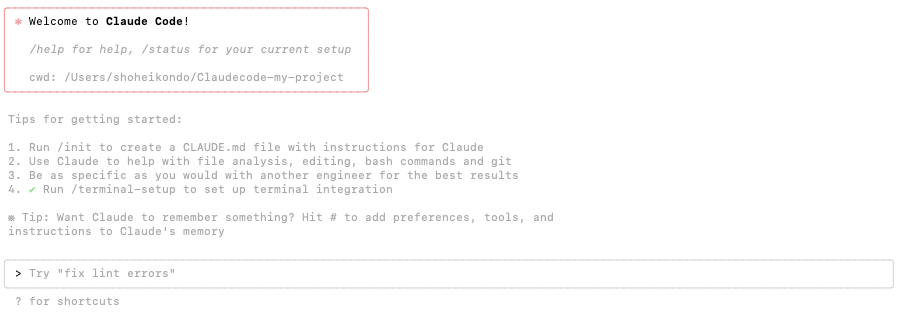 Claude codeの起動画面
