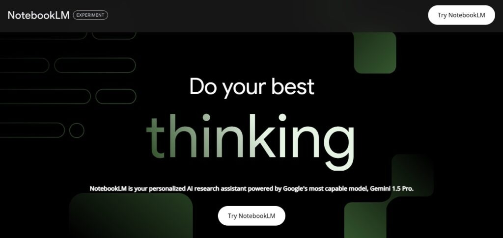 NotebookLM公式サイトのトップ画面