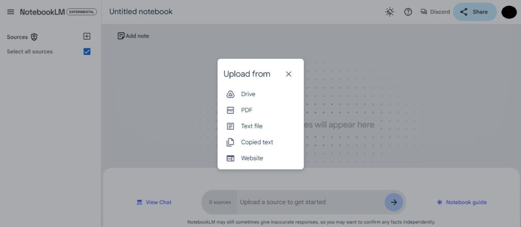 NotebookLMのアップロード画面