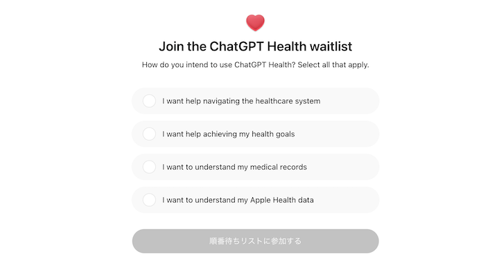 ChatGPTヘルスケア ウェイトリスト