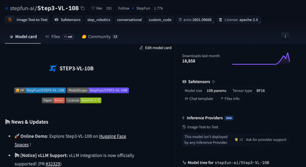 STEP3-VL-10BのHugging Faceモデルページ