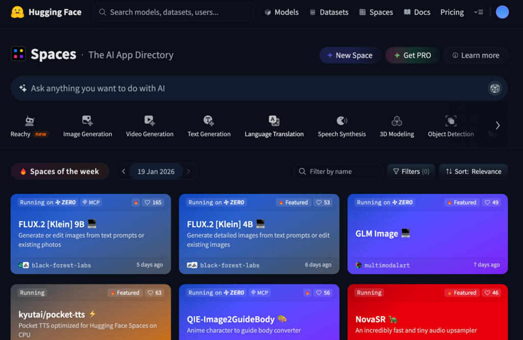 Hugging Face Spacesのトップページ