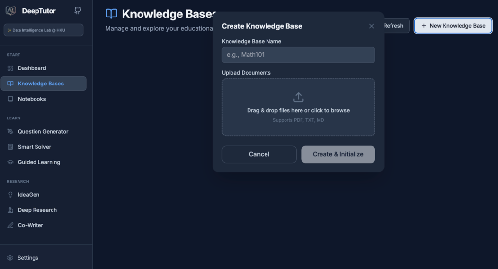 DeepTutorのKnowledge Base作成画面