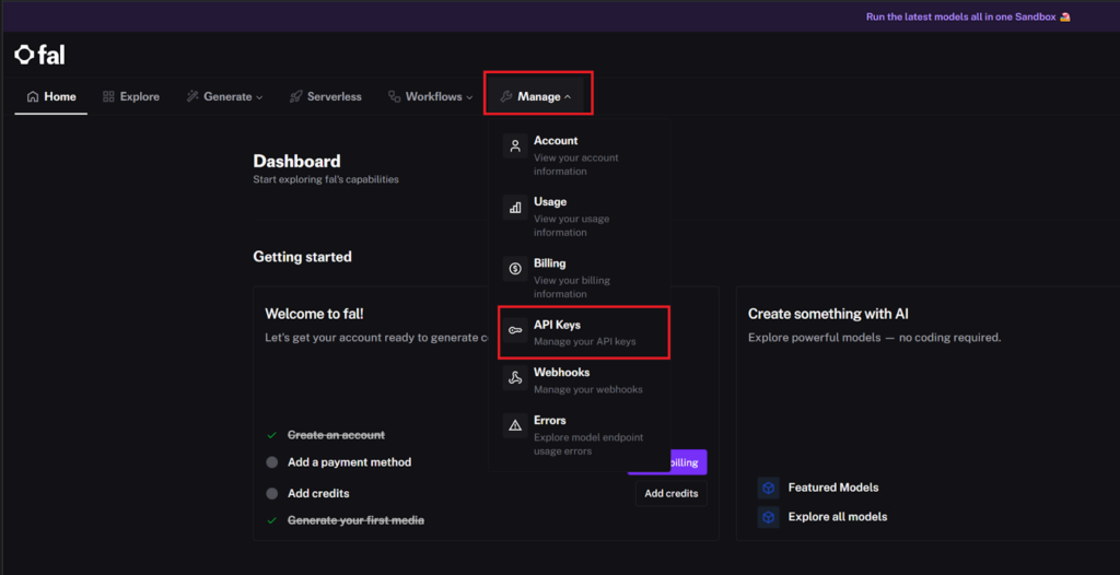 APIキー取得画面