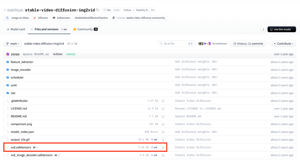 Stable Video Diffusionのモデルダウンロード画面