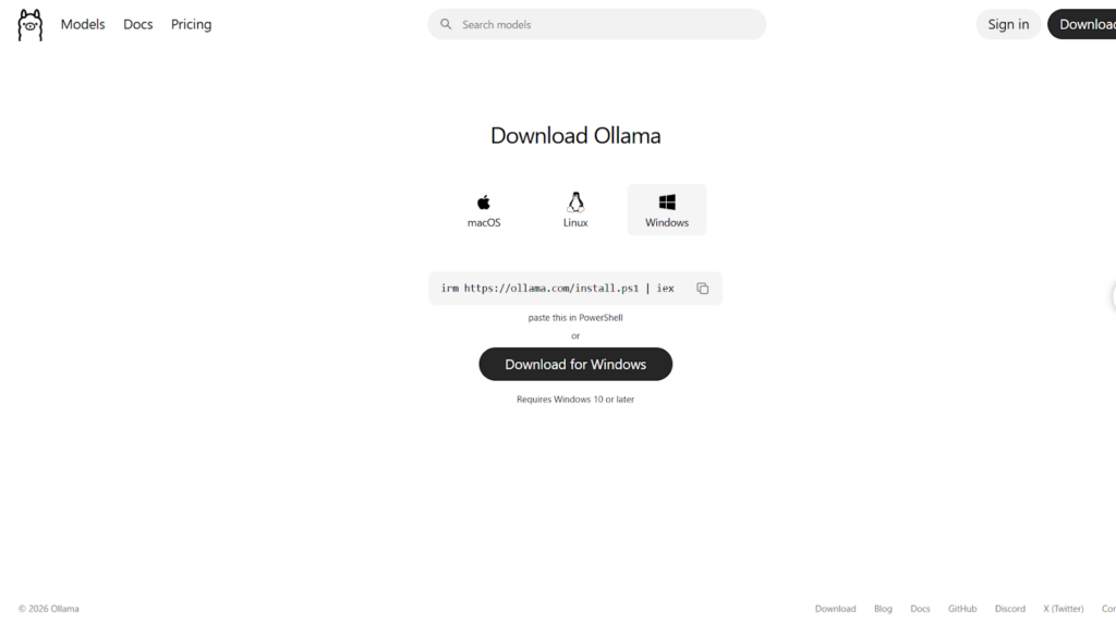 Ollama公式サイトのWindowsダウンロード画面