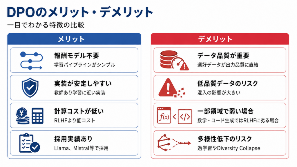 DPOのメリットとデメリットを対比した図