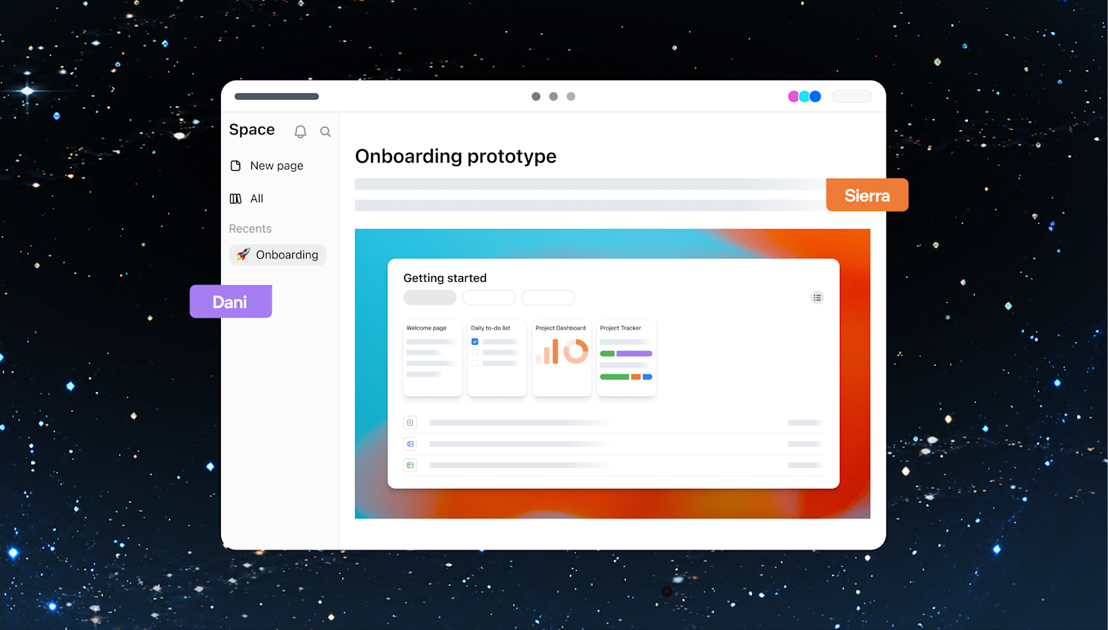 Spaceの共有ページに表示されたオンボーディングのプロトタイプ