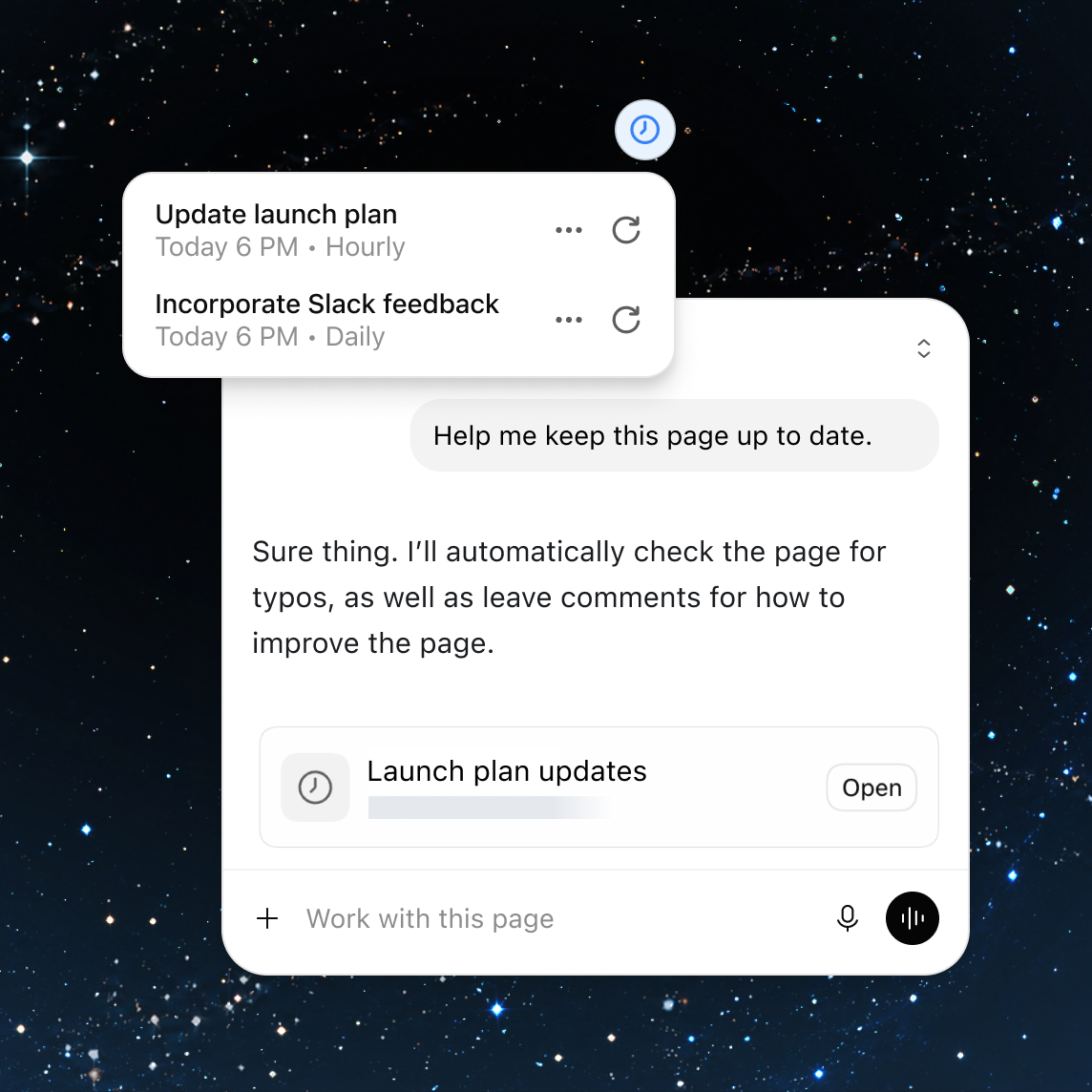 ChatGPTがスケジュール済みタスクでローンチ計画を更新する様子