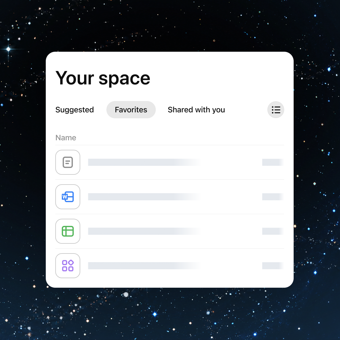 おすすめ・お気に入り・共有されたアイテムに分類されたSpaceのファイル