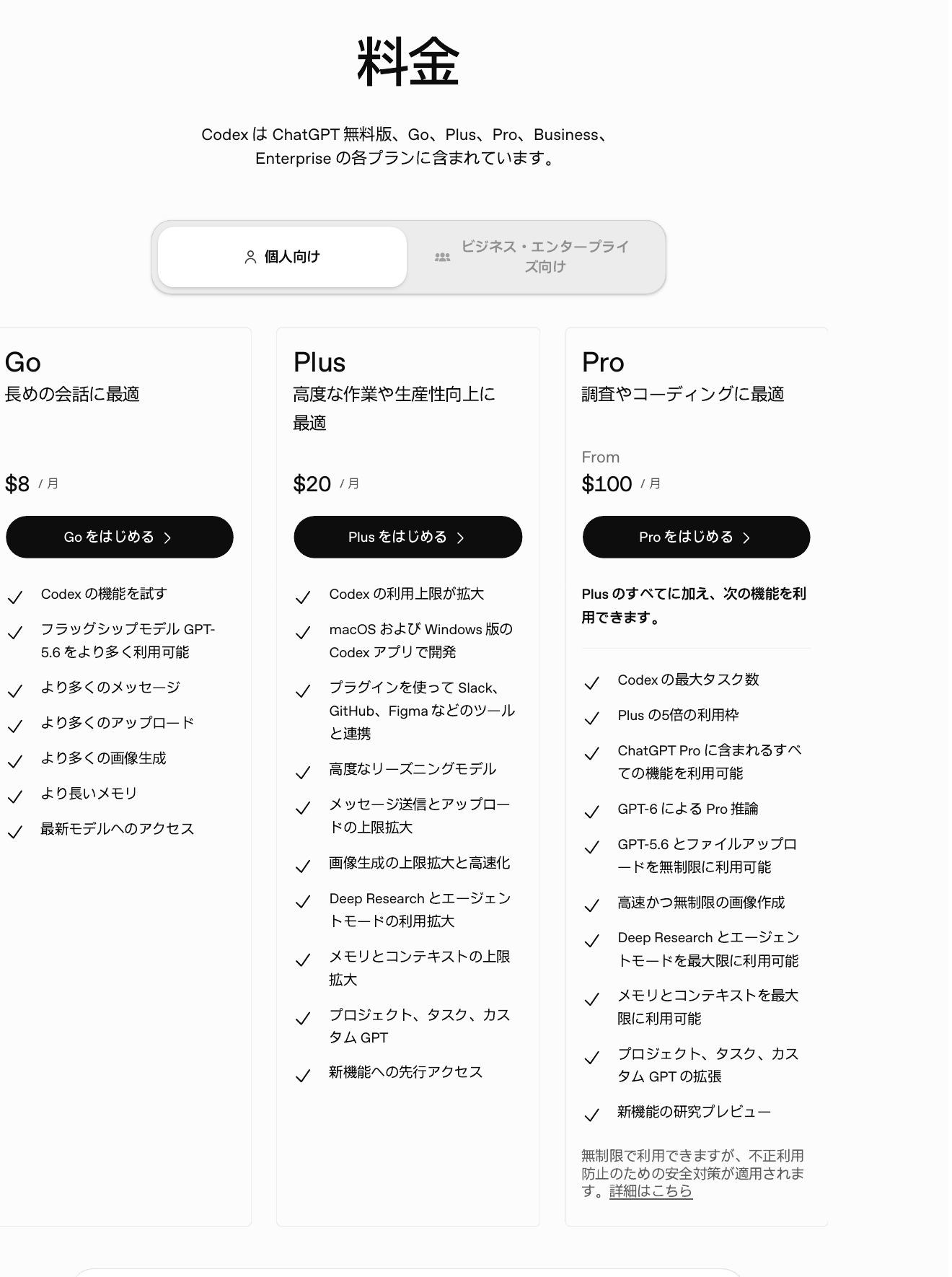 Image_Codex Go, Plus, and Pro plan pricing and features CodexのGo・Plus・Proプランの料金と機能