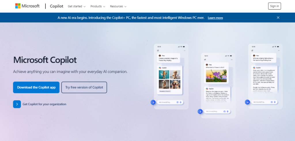 Microsoft Copilot公式サイトのトップページ