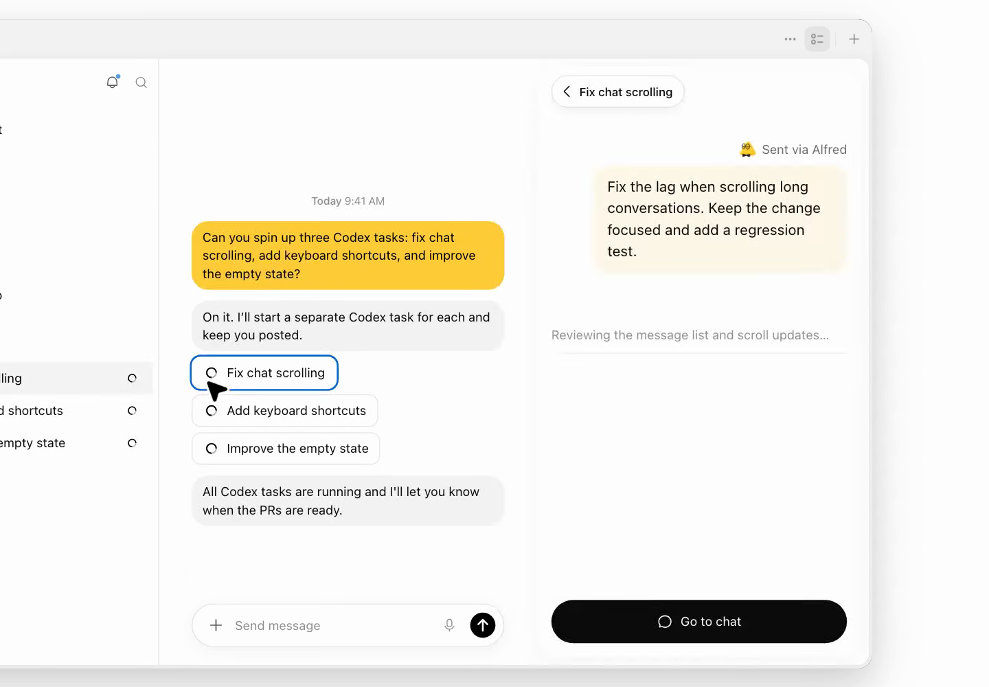 dotがCodexのタスクを3つ立ち上げる様子