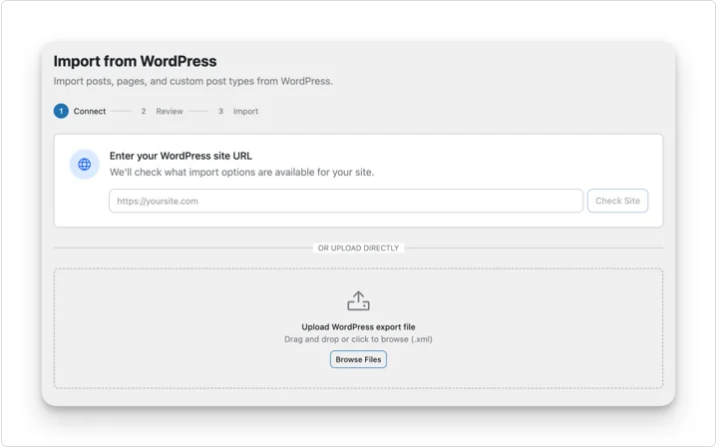 EmDashのWordPressインポート画面