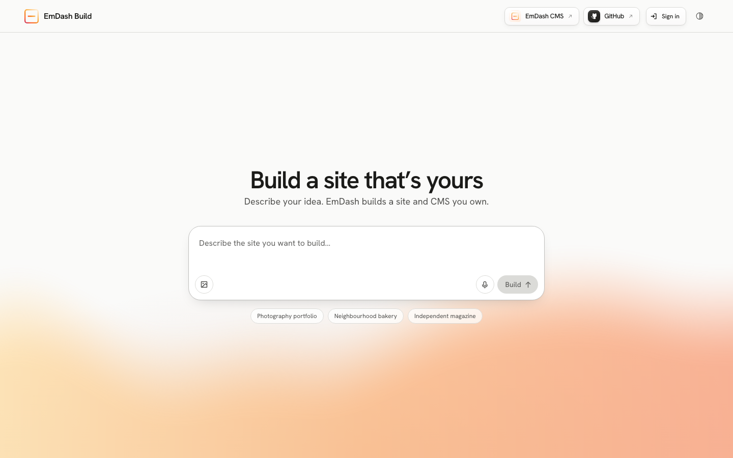 EmDash Buildの画面