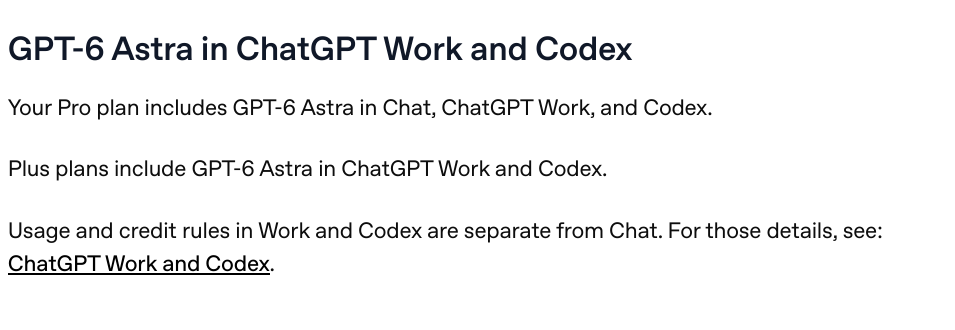 Image_Explanation of GPT-6 Astra availability in ChatGPT Work and Codex ChatGPT WorkとCodexでのGPT-6 Astraの提供範囲の説明