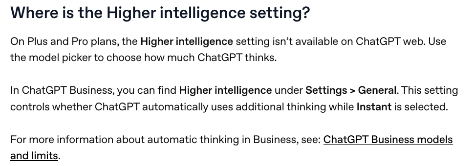 Image_Explanation of where to find the Higher intelligence setting in ChatGPT Business and what it does ChatGPT BusinessのHigher intelligence設定の場所と役割の説明
