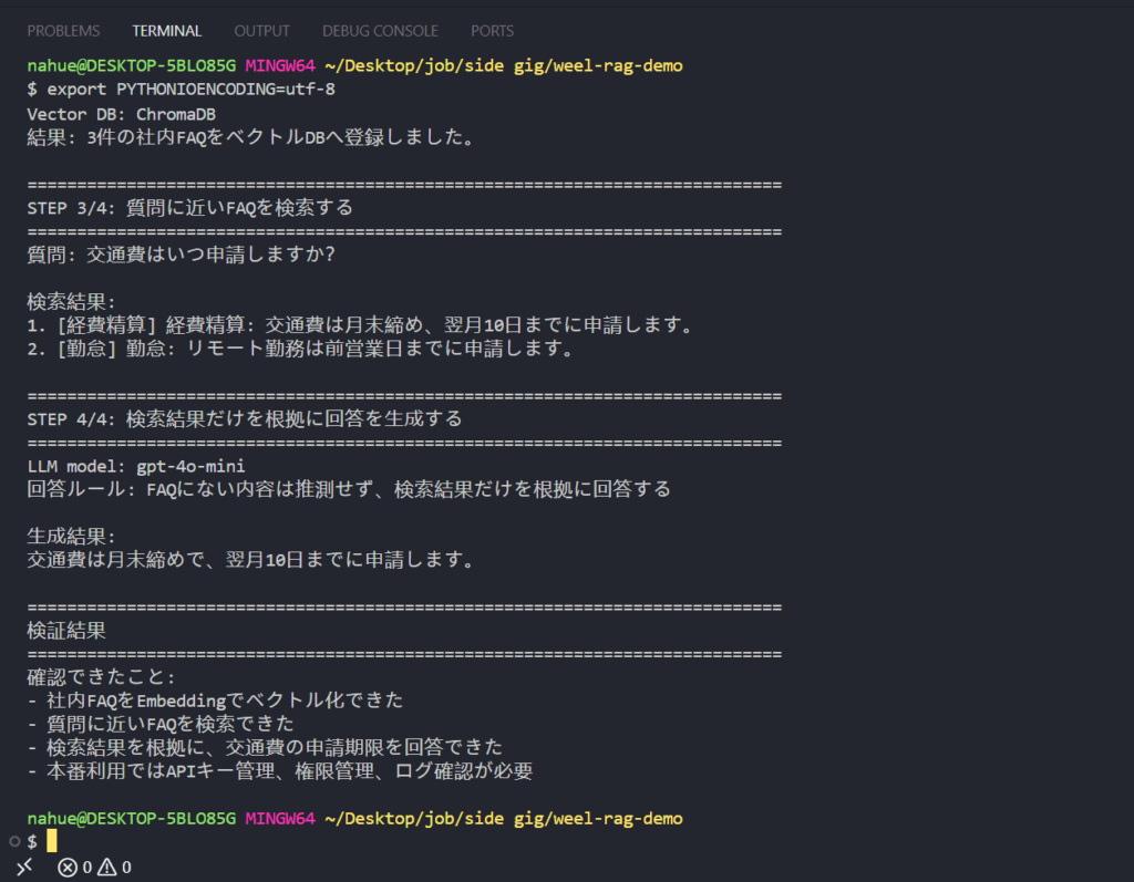 検索結果だけを根拠に交通費の申請期限を生成AIが回答したRAG検証画面