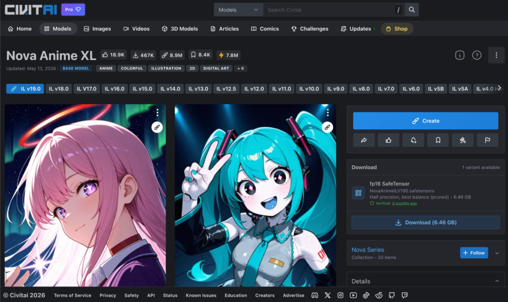 Civitaiで公開されているアニメ系モデルNova Anime XLのモデルページ