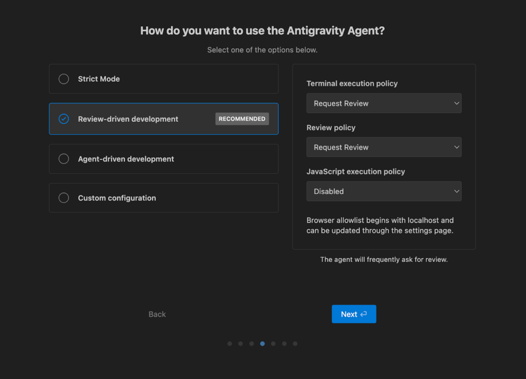 Google Antigravityでの初期設定画面