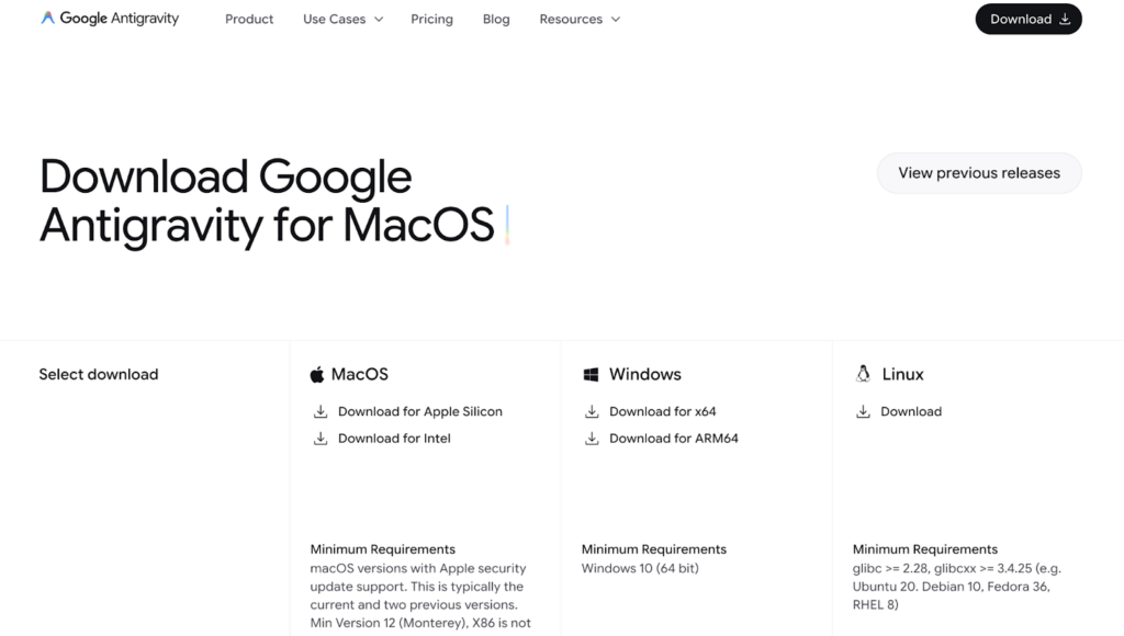 Google Antigravityのダウンロード画面