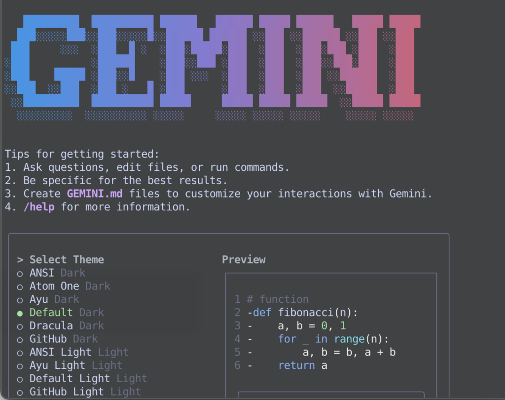 Gemini CLIのチャットモードの起動画面