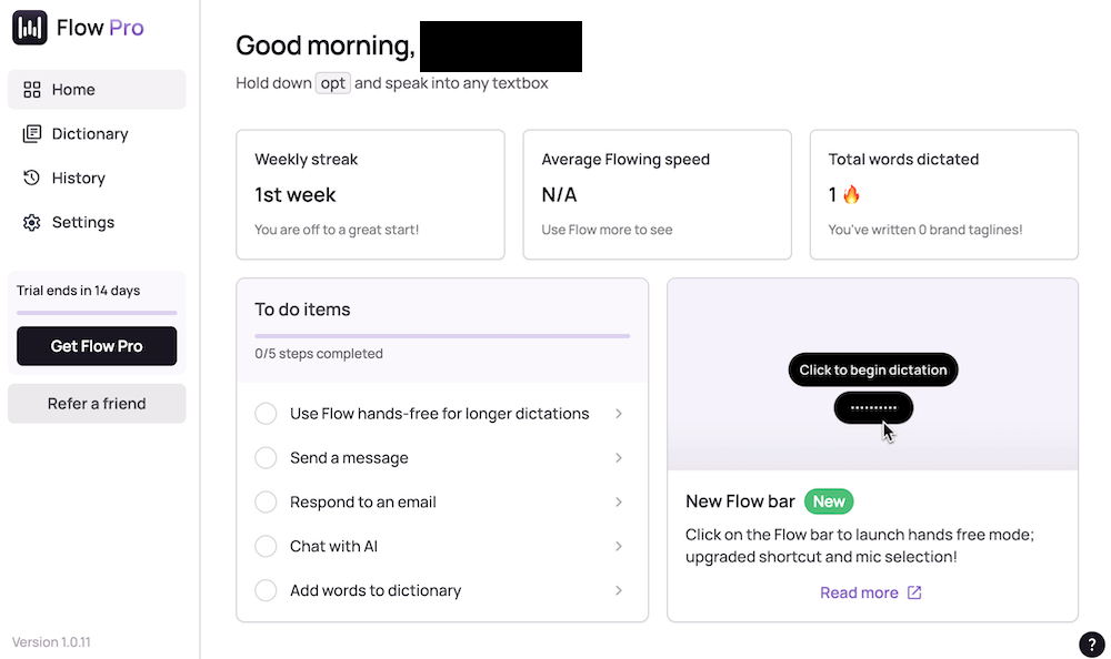 Wispr Flow ダッシュボード