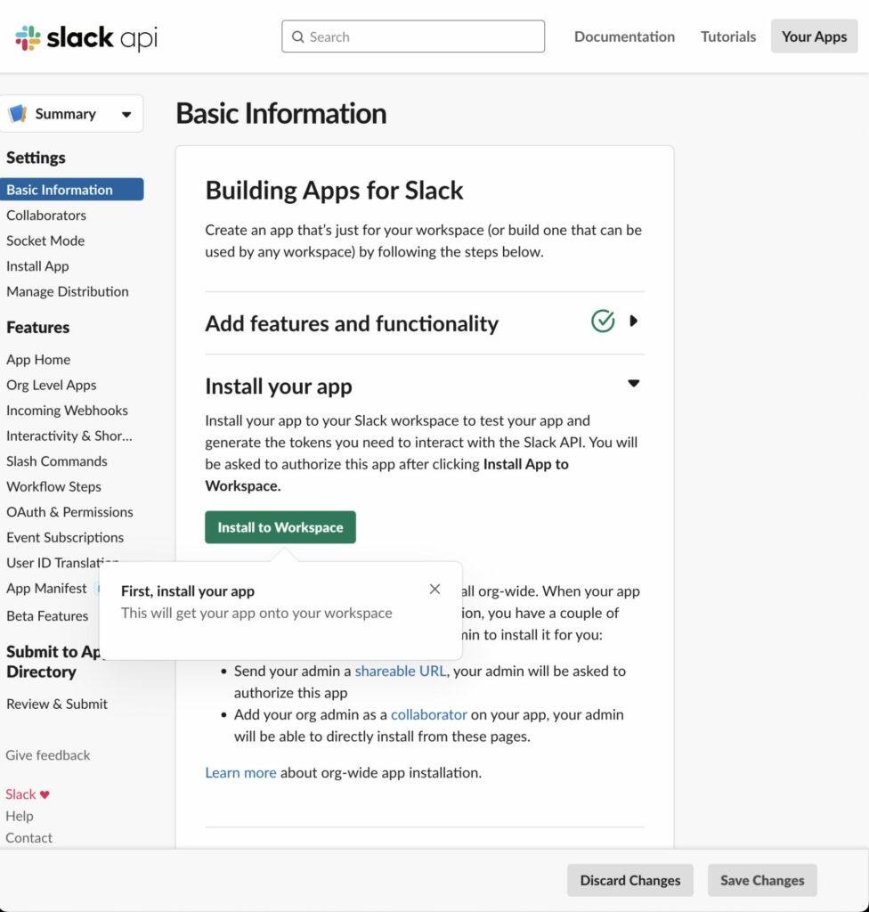 Slack apiのアプリインストール画面
