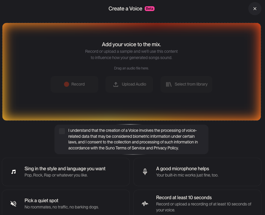 Suno AI v5.5 Voices録音開始画面