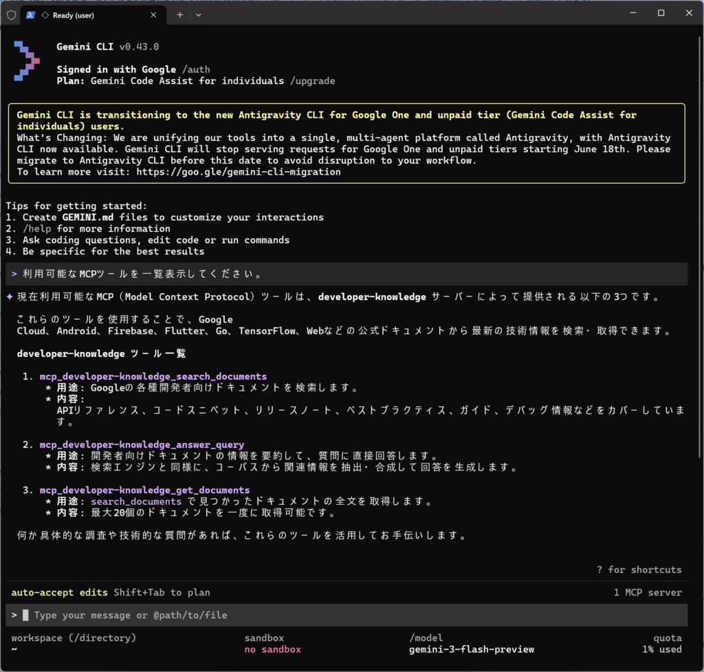 Gemini CLIでの実行結果
