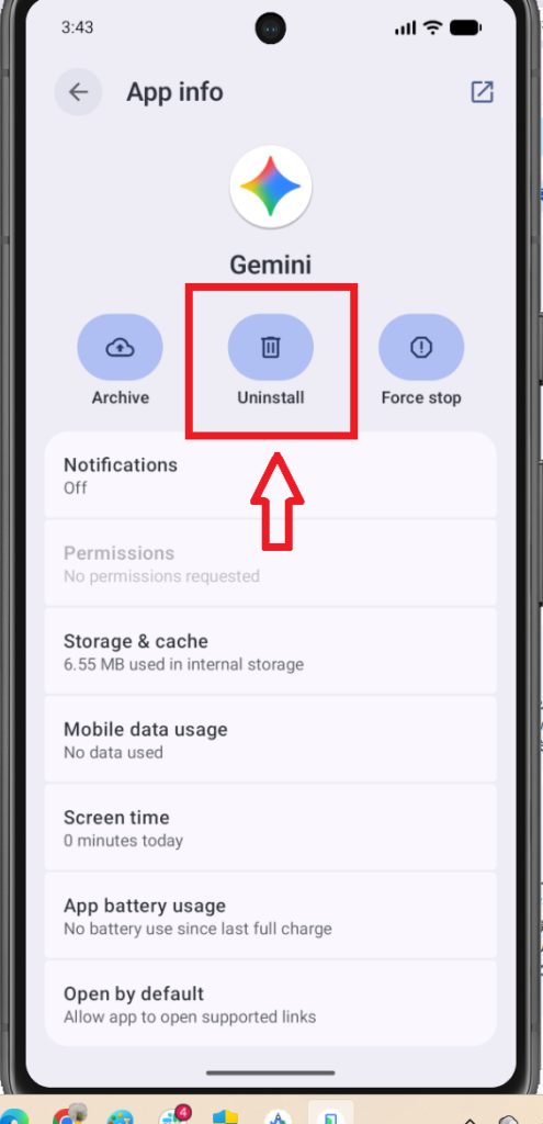 AndroidでGeminiアプリをアンインストールする画面