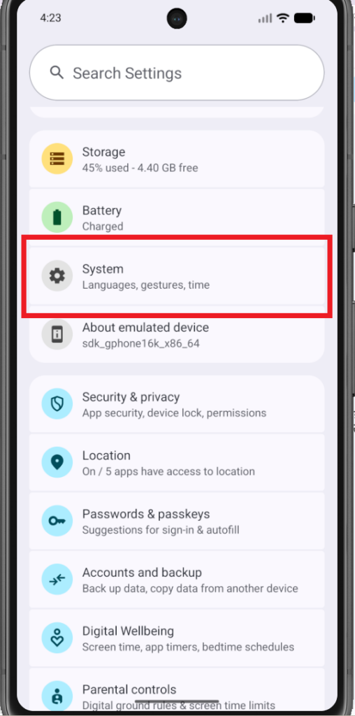 Androidのシステム設定画面