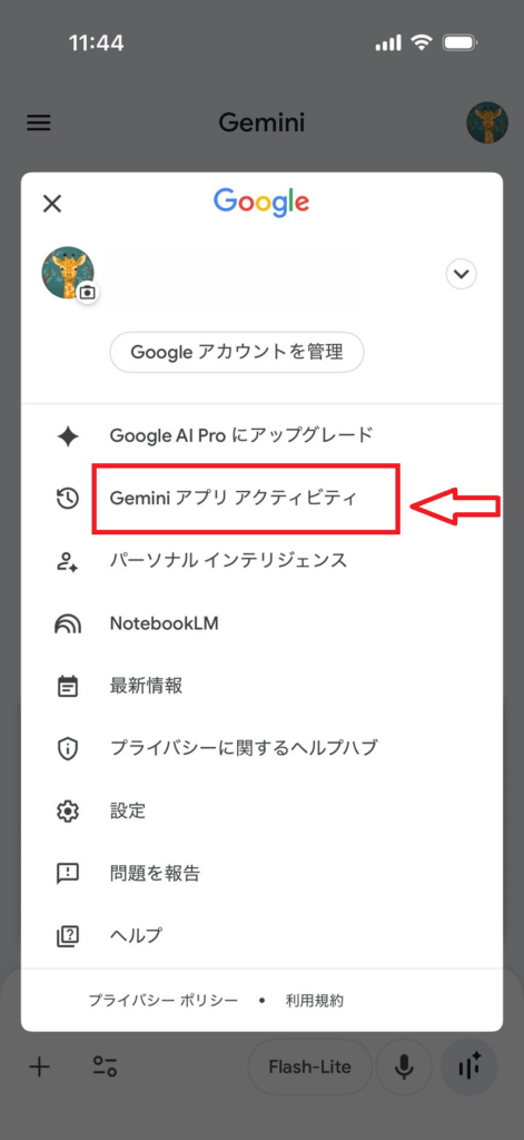 Geminiアプリアクティビティの設定画面