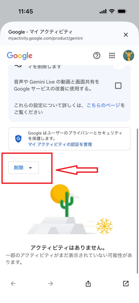 Geminiアプリ履歴の削除画面