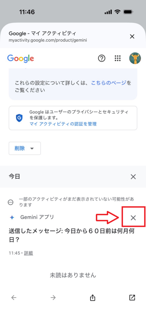 Geminiアプリの個別履歴削除画面