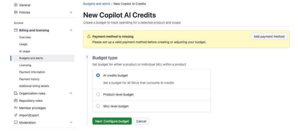 Organization budgets画面でCopilot向けの新規AI Credits予算を作成する設定画面。