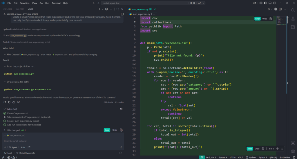 Copilot Agentによるsum_expenses.py生成画面