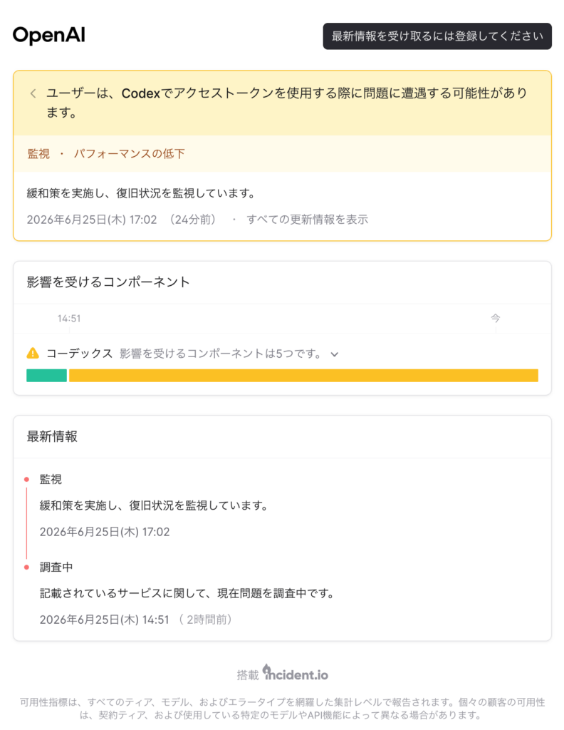 OpenAI Status(障害発生時のアラート表示)画面