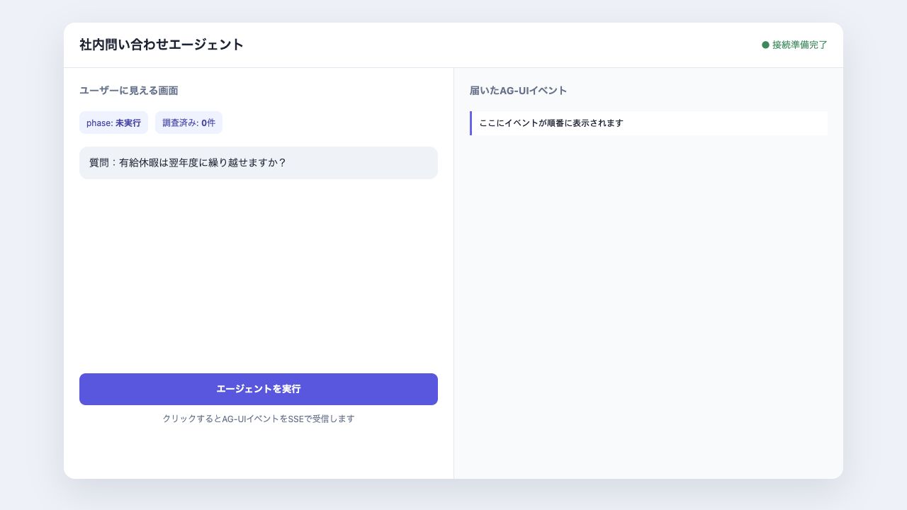 AG-UI最小デモの実行前画面。左にユーザー画面、右にイベント欄を表示。