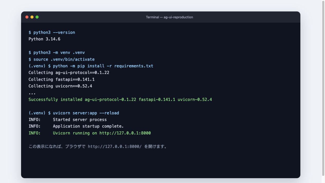 Python仮想環境でAG-UI関連パッケージをインストールし、Uvicornの起動成功を確認した画面