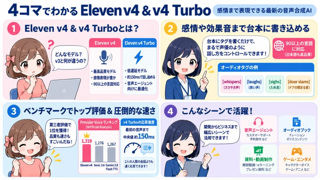 Eleven v4とは?ElevenLabs最新音声AIの性能・料金・使い方とTurboとの違いを徹底解説