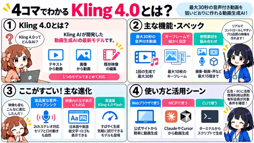 【Kling 4.0】30秒の音声付き動画を一発生成!クリング最新モデルの使い方・料金・商用利用を徹底解説