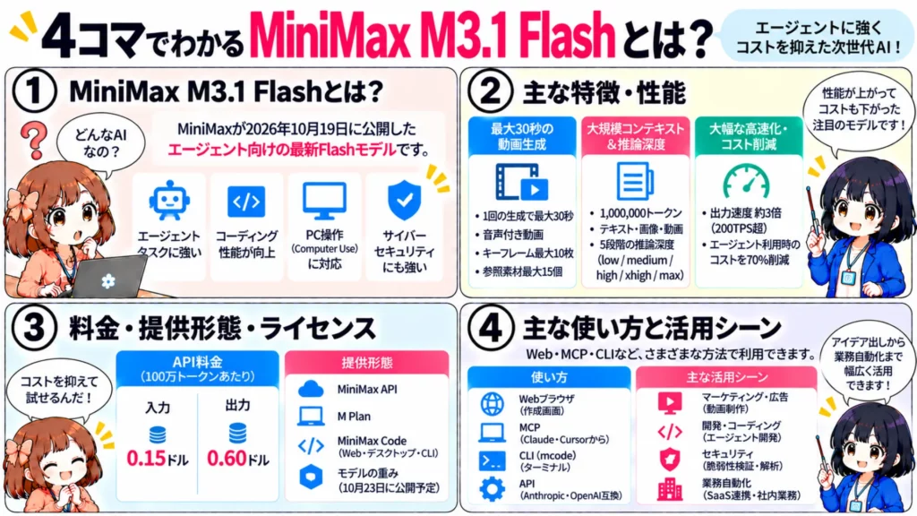 【MiniMax M3.1 Flash】入力0.15ドルの爆速エージェントモデルの性能・料金・使い方を徹底解説
