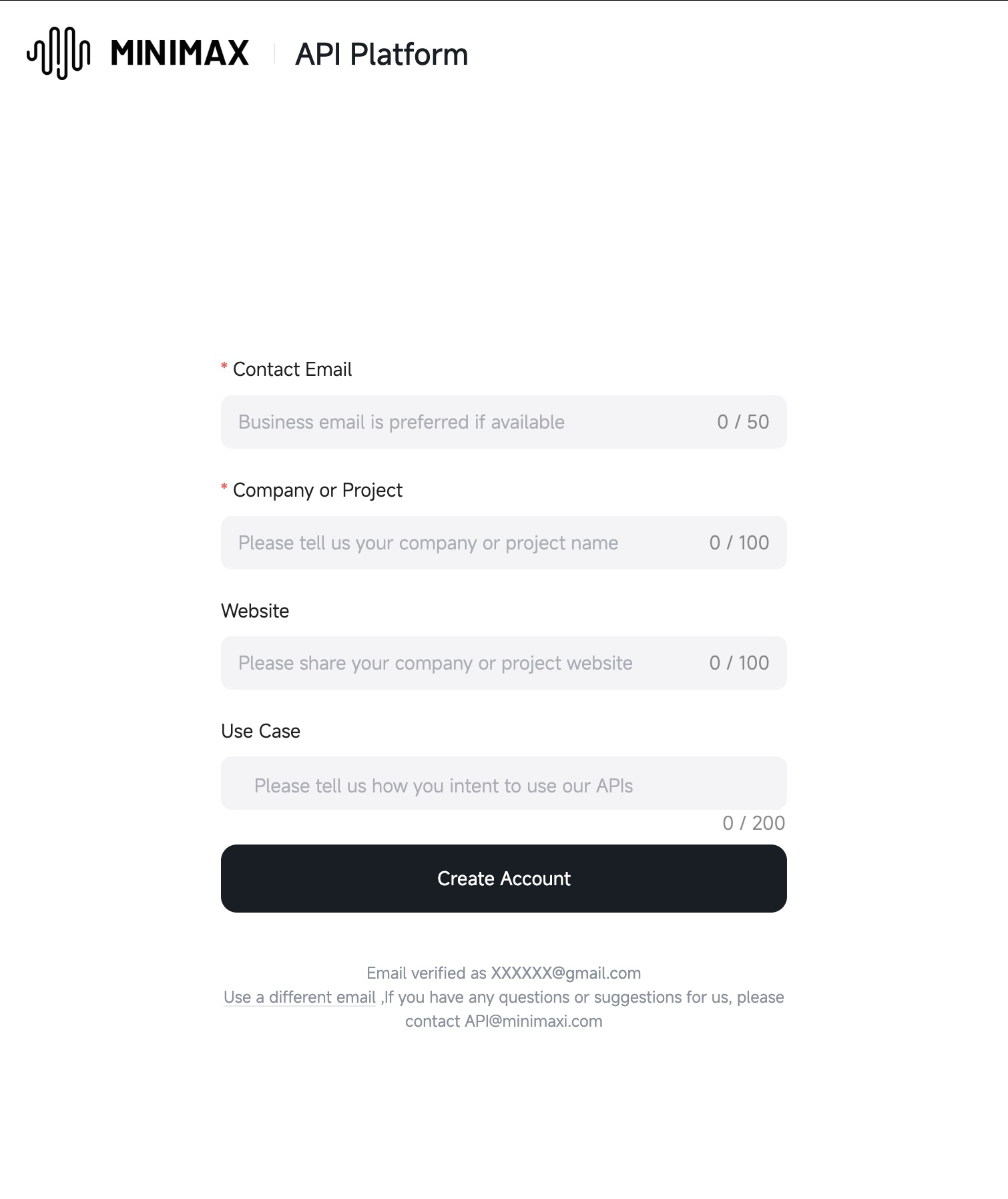 MiniMax API Platformのアカウント登録画面