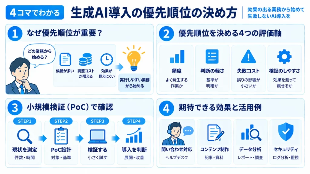 生成AI導入の優先順位の決め方|評価軸と検証(PoC)で失敗しない選び方を解説
