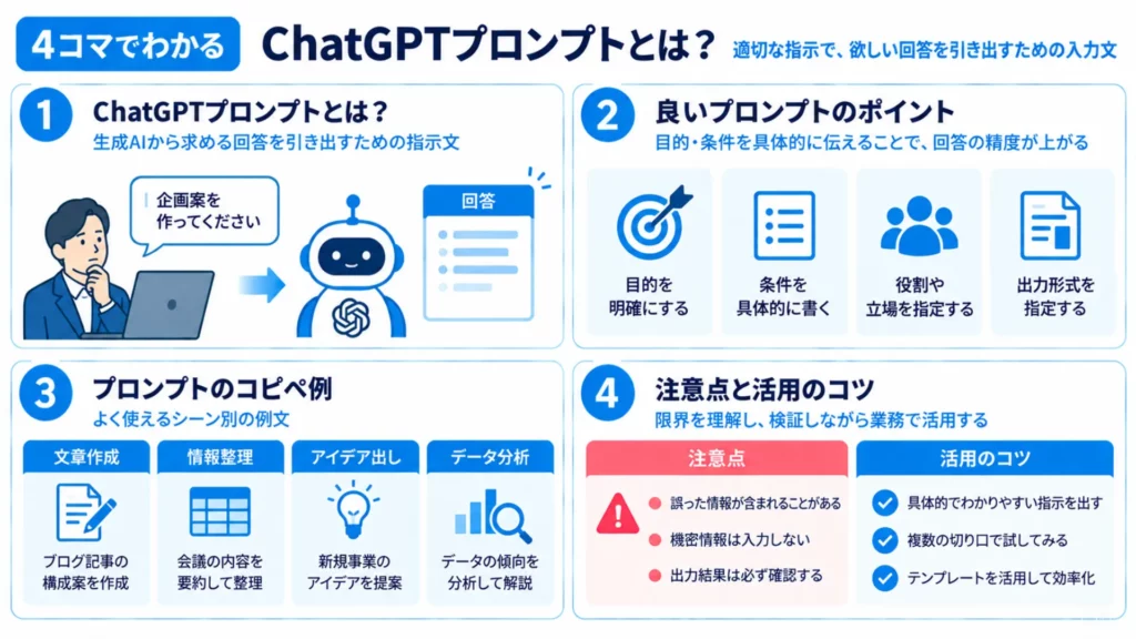 ChatGPTプロンプトのコピペ例文17選!書き方のコツと型を実践検証で解説